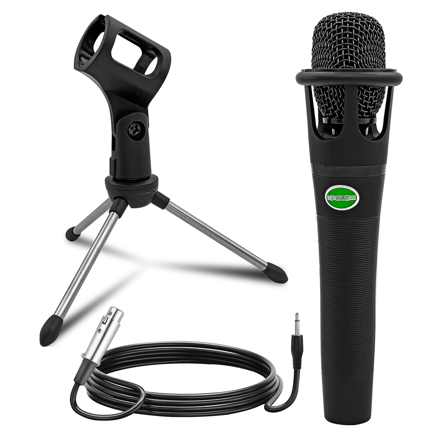 5 Core Podcast Equipment Bundle w Cardioid Dynamic XLR Microphone Mini Desk Stand XLR to 1/8” Cable