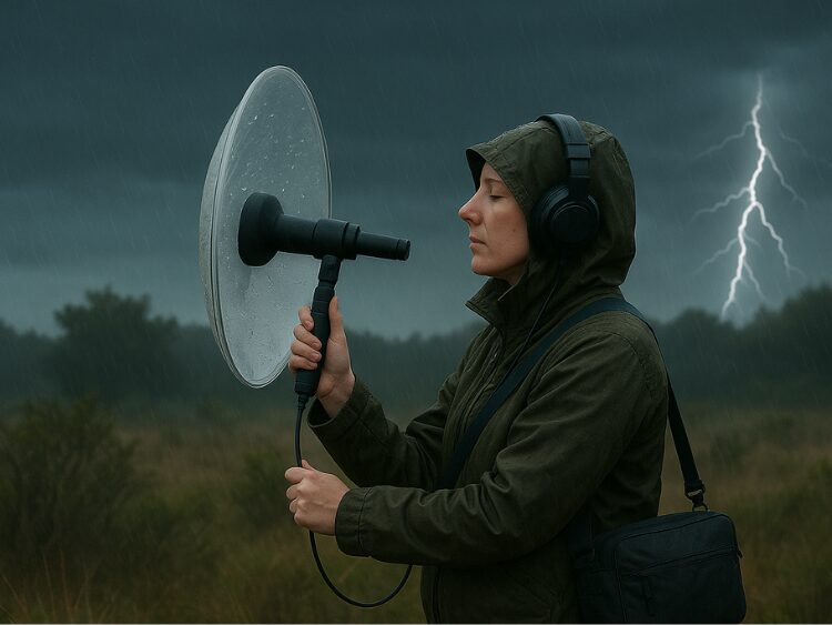 person trying to record a thunderstorm sounds in nature